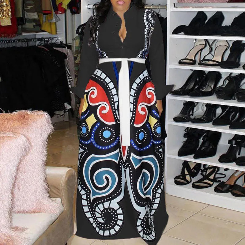 Abstract Print Long Sleeve Shirt Dress