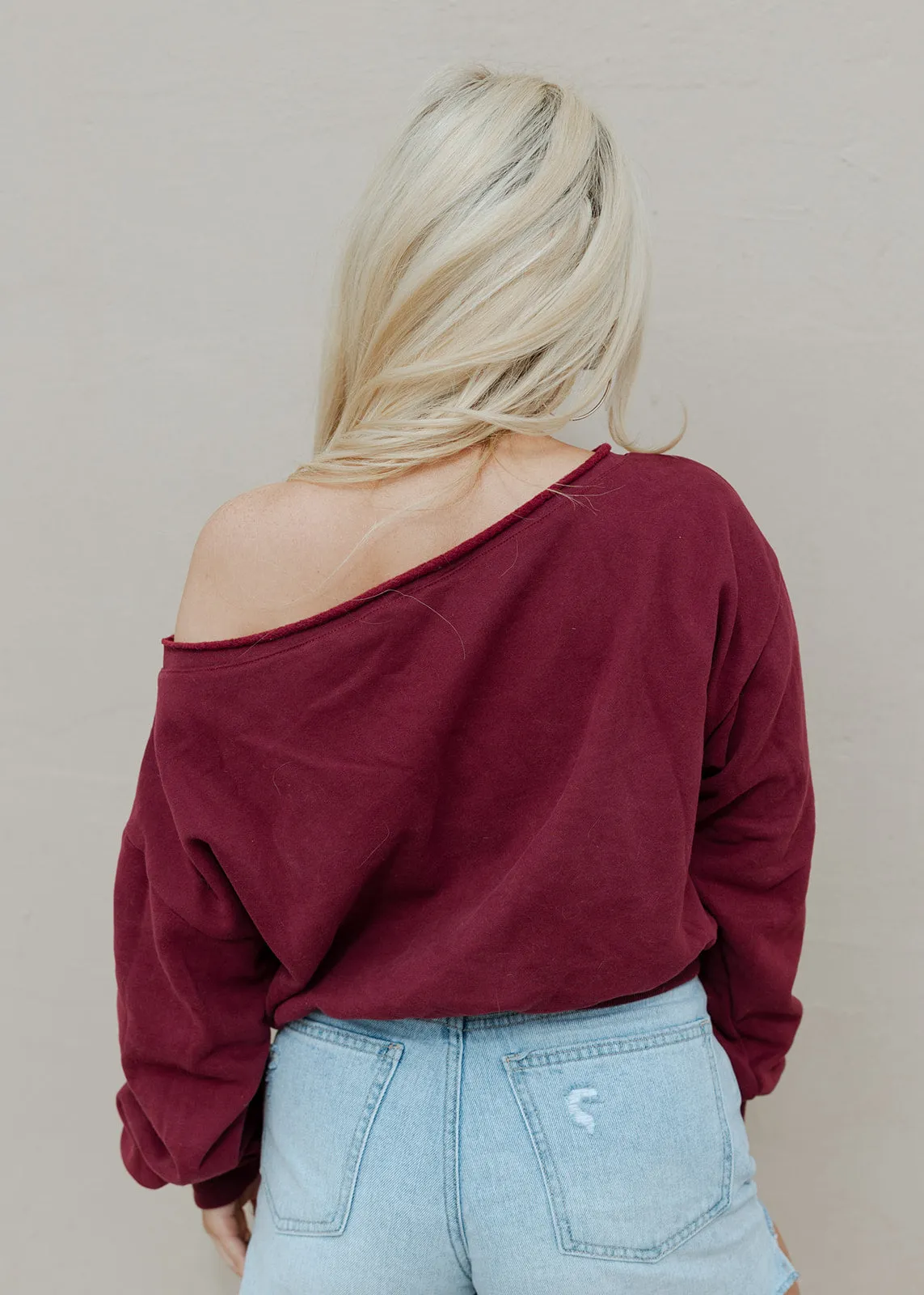 Alina Burgundy Off The Shoulder Cropped Sweatshirt