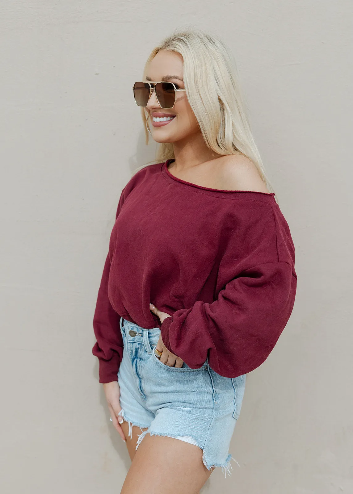 Alina Burgundy Off The Shoulder Cropped Sweatshirt