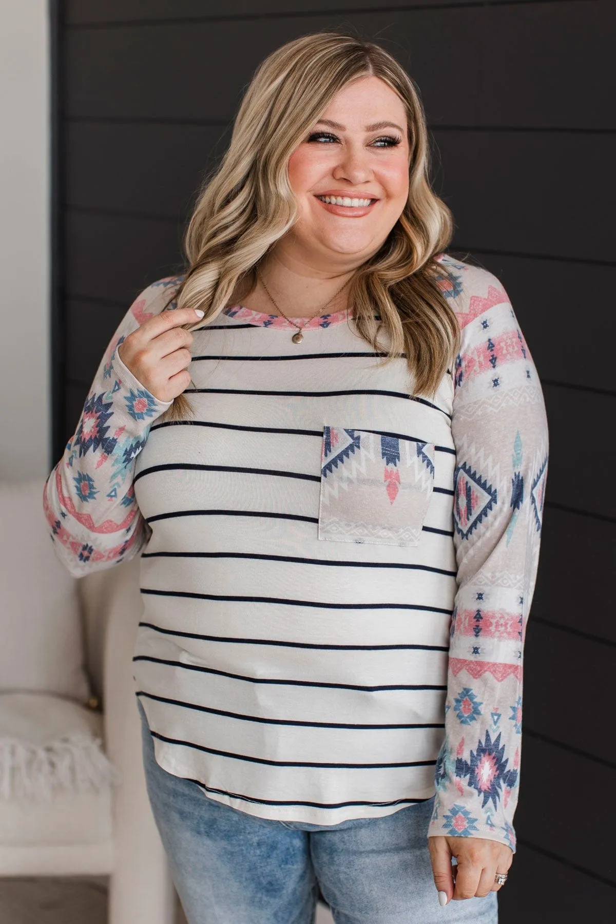 Always Adventuring Aztec Top- Off-White & Navy