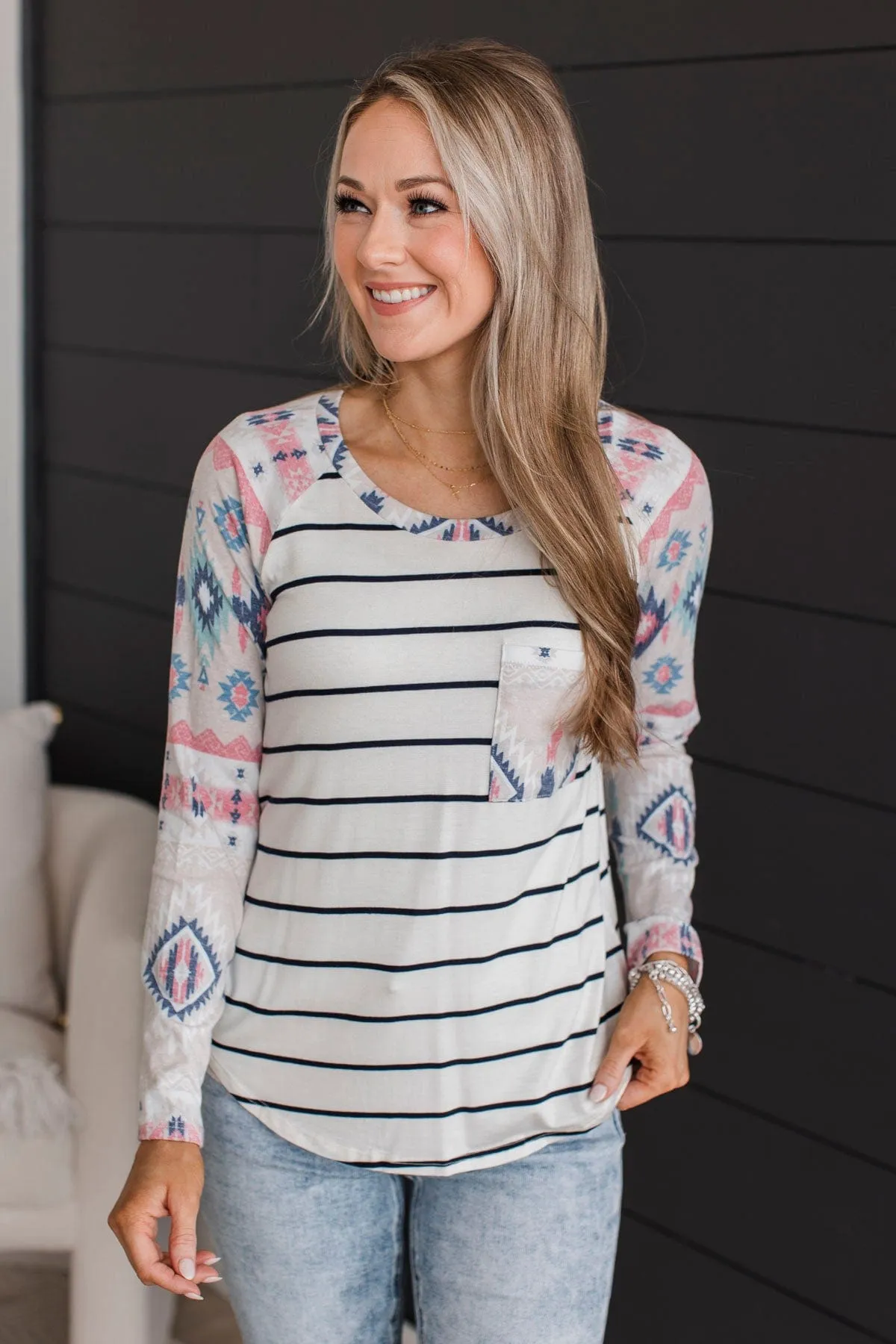 Always Adventuring Aztec Top- Off-White & Navy