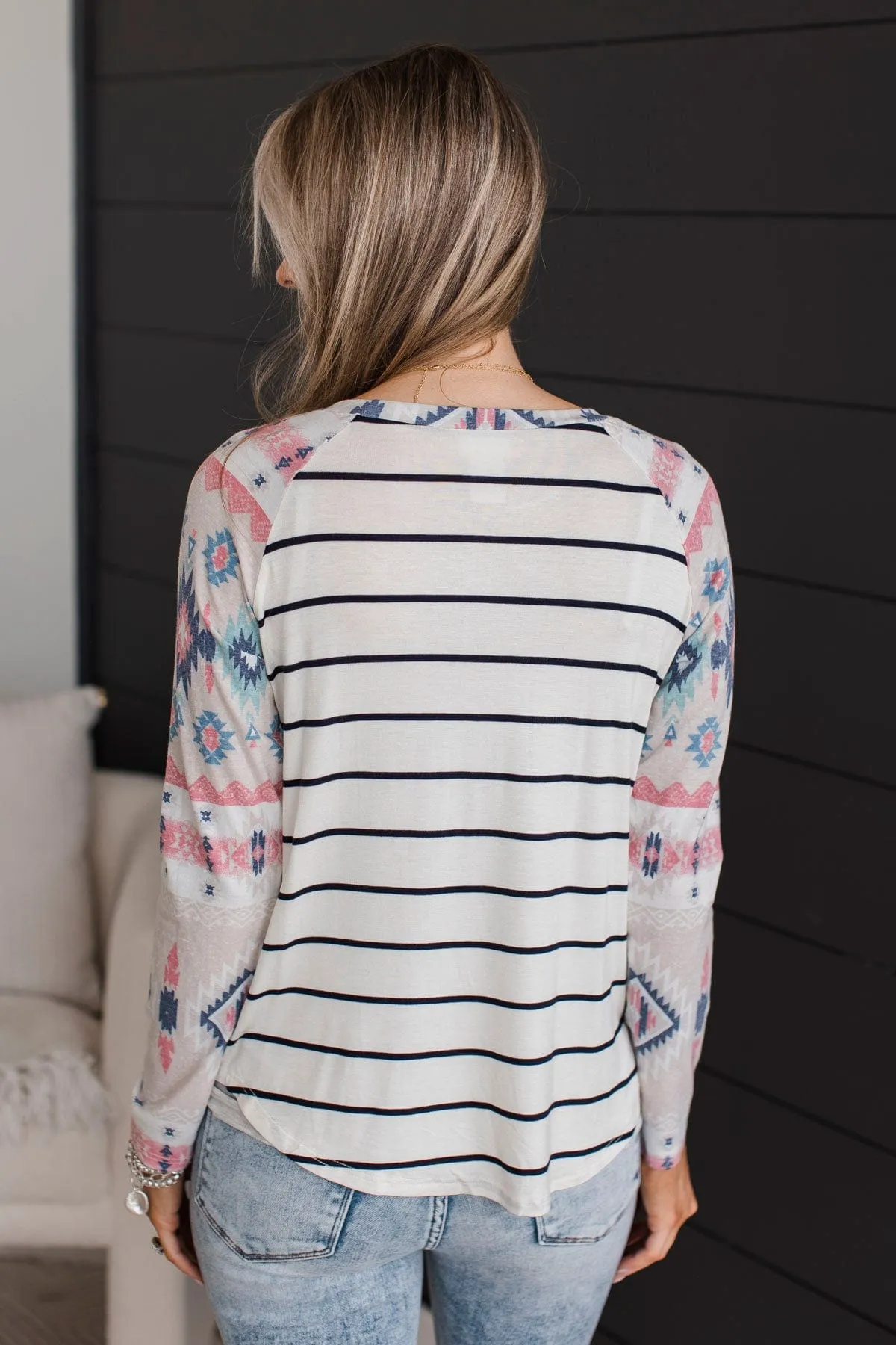 Always Adventuring Aztec Top- Off-White & Navy