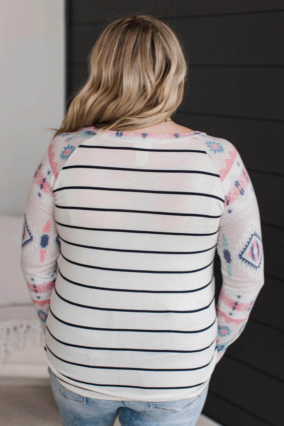 Always Adventuring Aztec Top- Off-White & Navy