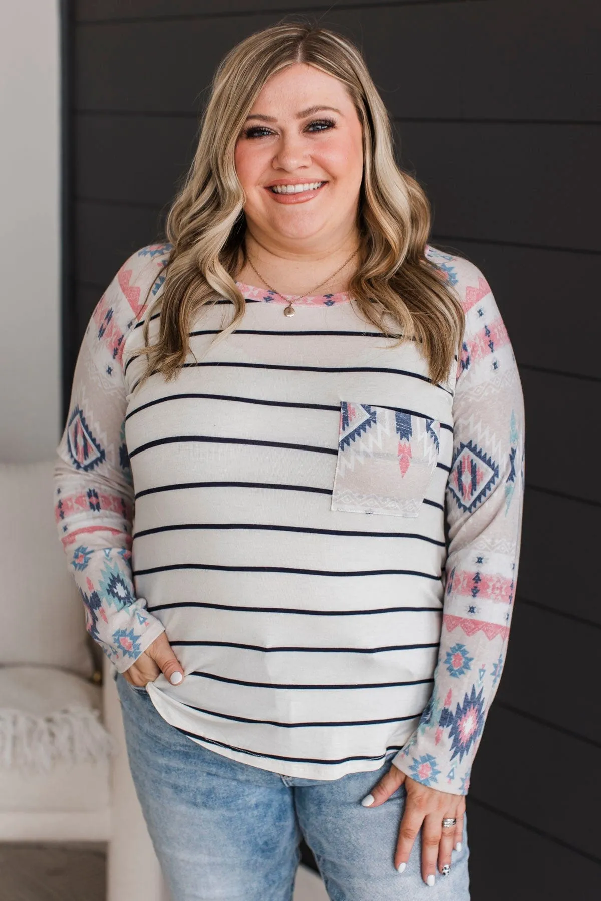 Always Adventuring Aztec Top- Off-White & Navy