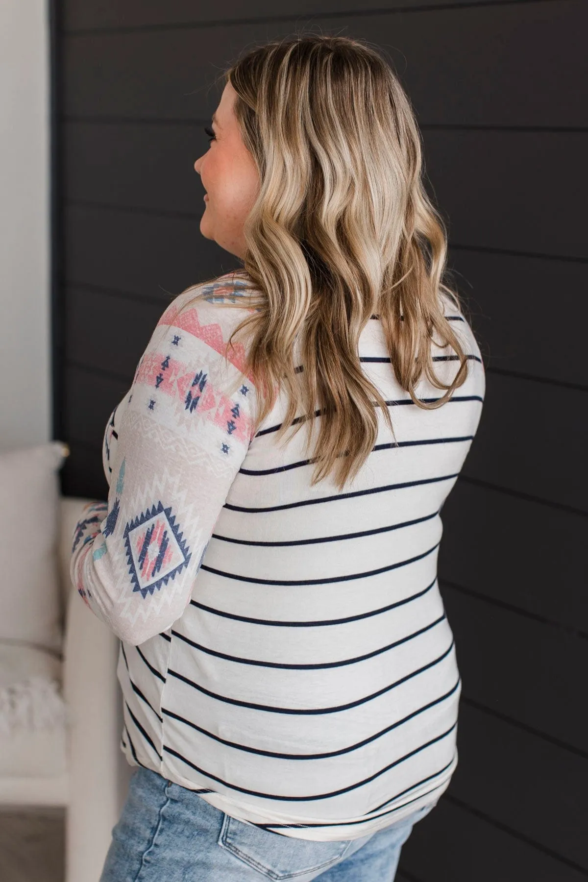 Always Adventuring Aztec Top- Off-White & Navy