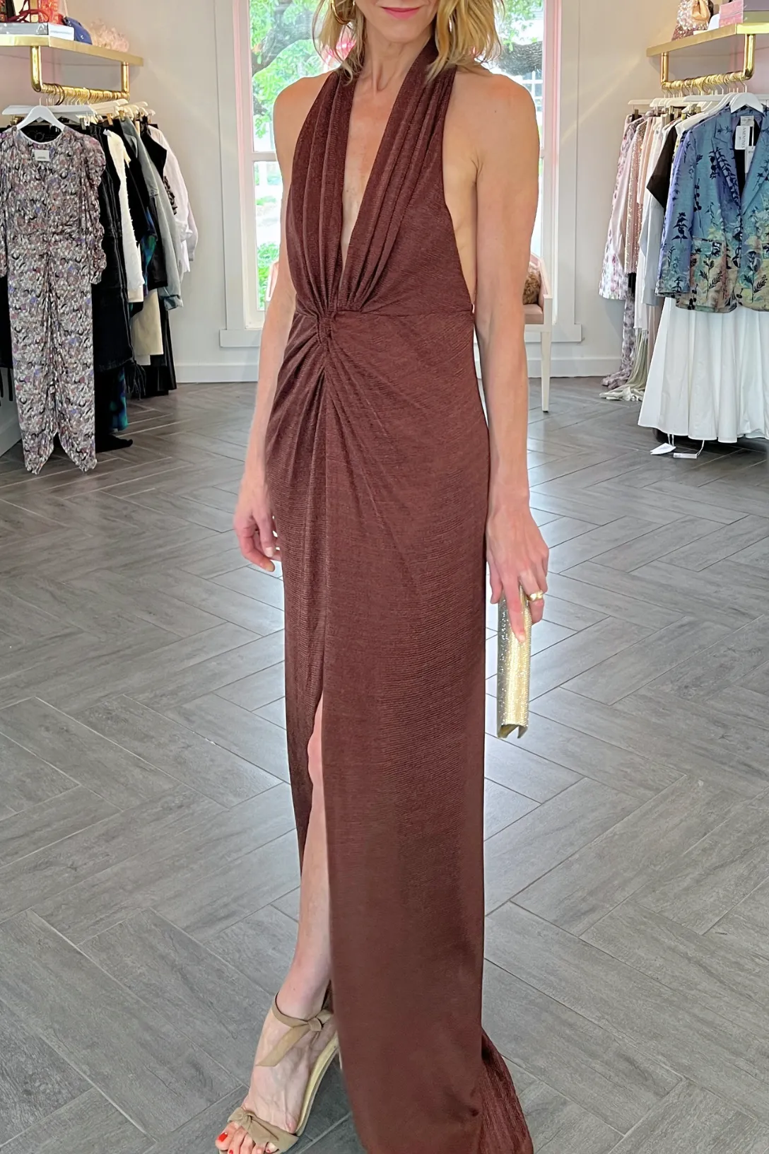 Ambrie Metallic Halter Gown | Bronze