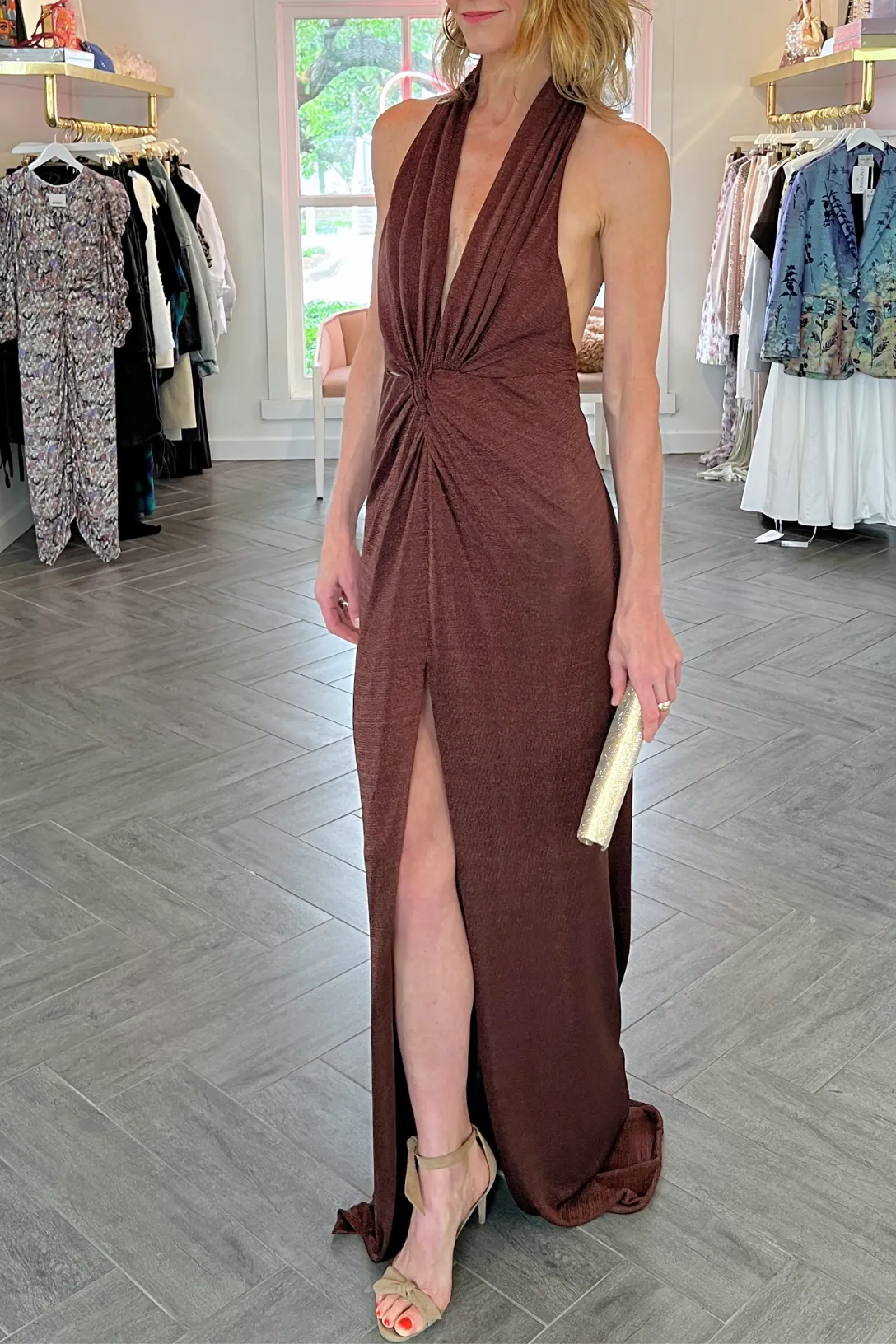 Ambrie Metallic Halter Gown | Bronze