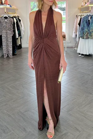 Ambrie Metallic Halter Gown | Bronze