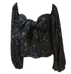 Attico Black Sequin Off-Shoulder Ballon Sleeve Top UK 10
