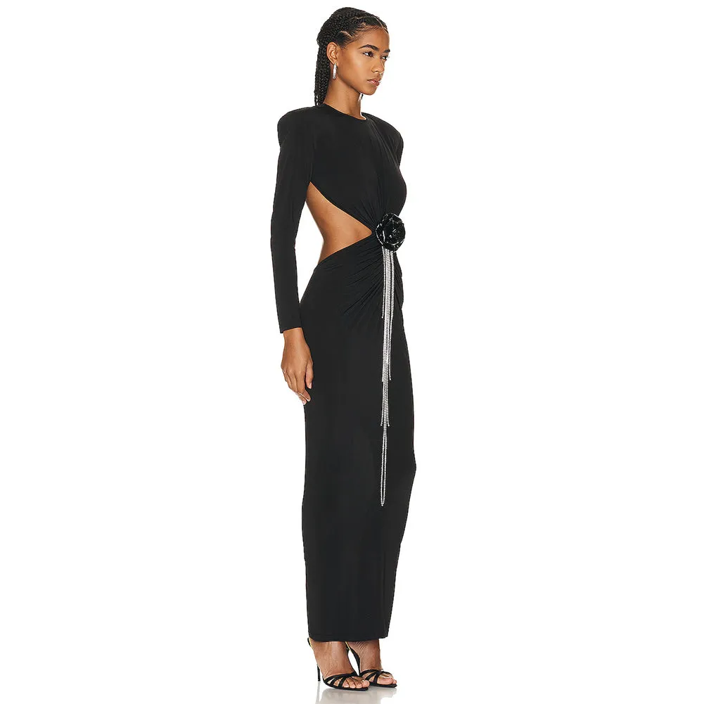 Backless Long Sleeve Drill Chain Maxi Dress KLYF1016