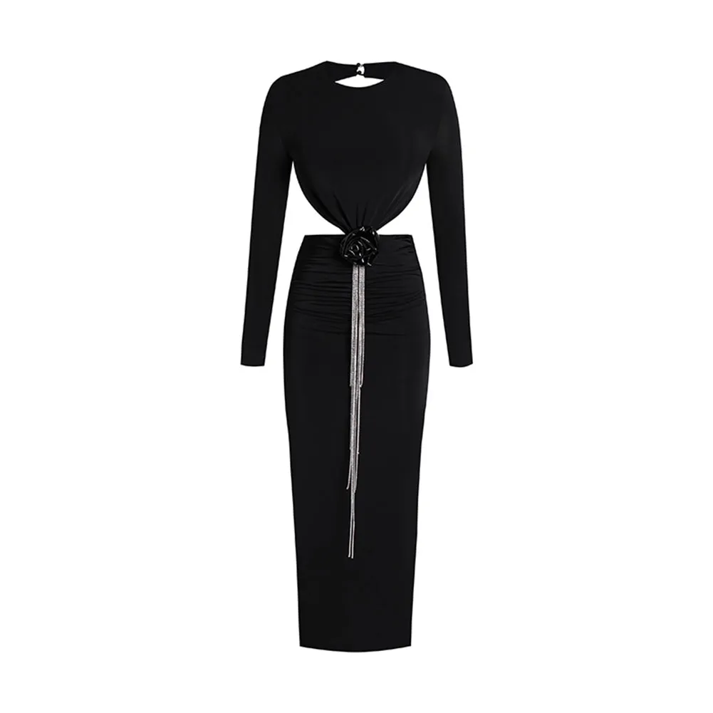 Backless Long Sleeve Drill Chain Maxi Dress KLYF1016