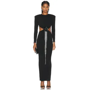 Backless Long Sleeve Drill Chain Maxi Dress KLYF1016
