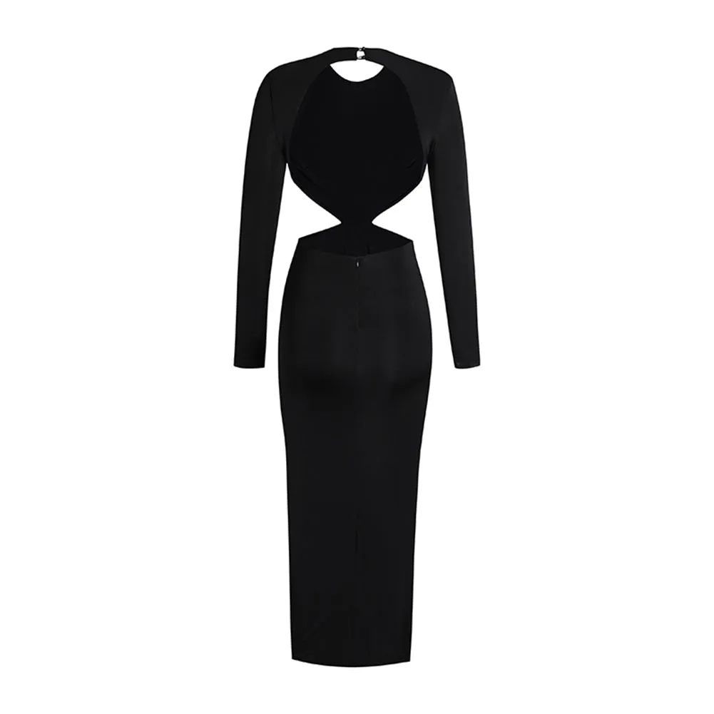 Backless Long Sleeve Drill Chain Maxi Dress KLYF1016