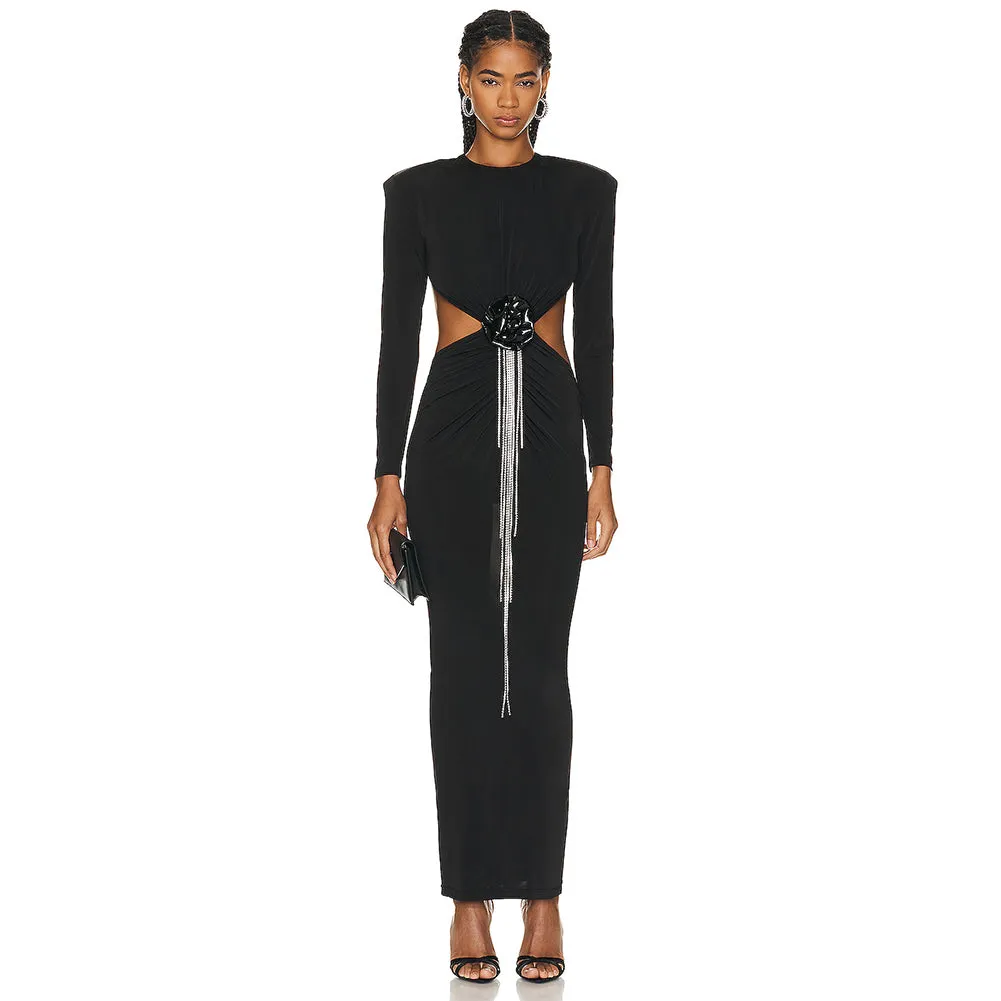 Backless Long Sleeve Drill Chain Maxi Dress KLYF1016