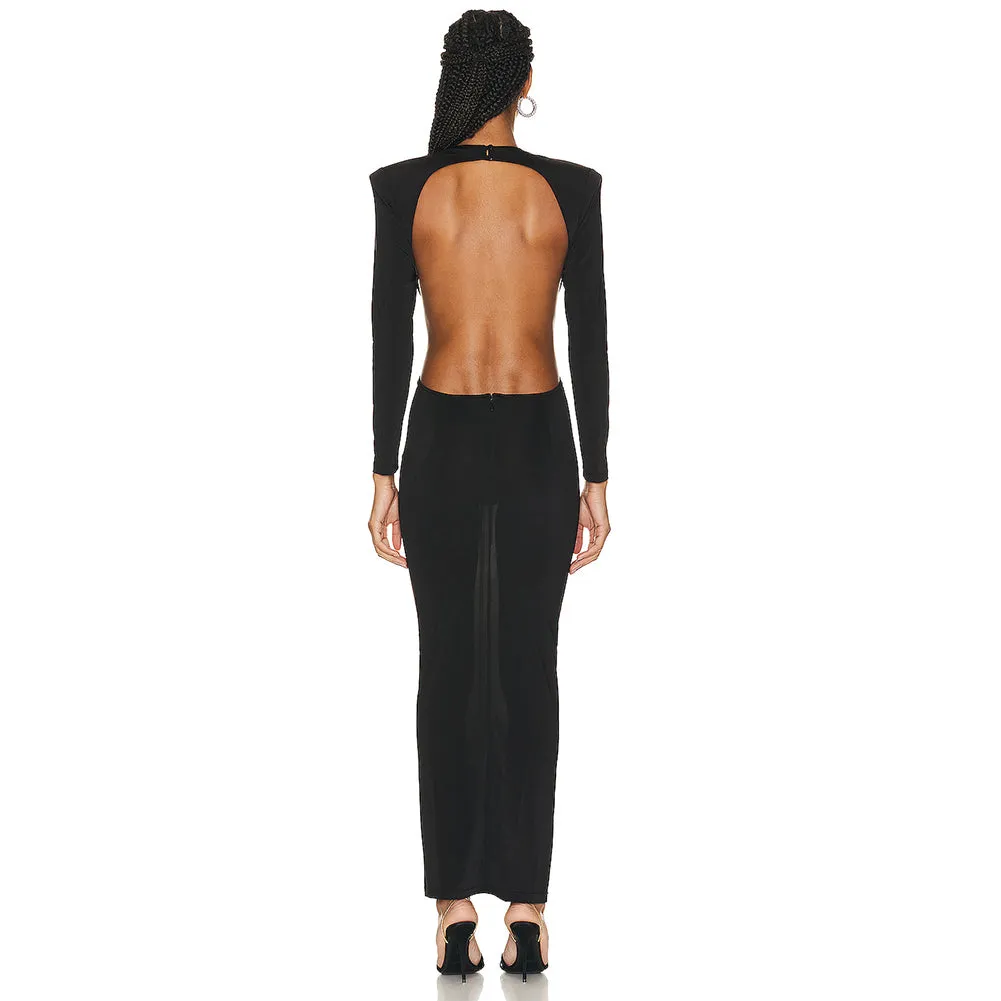 Backless Long Sleeve Drill Chain Maxi Dress KLYF1016
