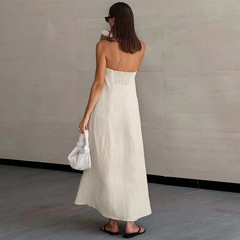 Backless Vacation Tube Top Linen Midi Maxi Dresses