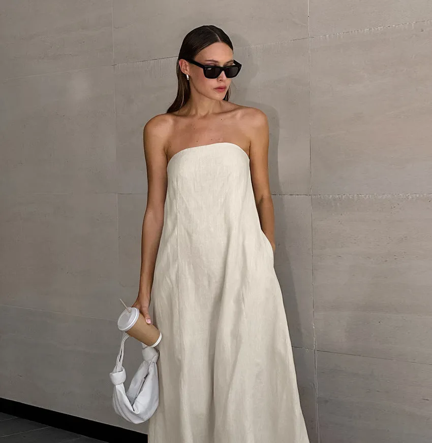 Backless Vacation Tube Top Linen Midi Maxi Dresses