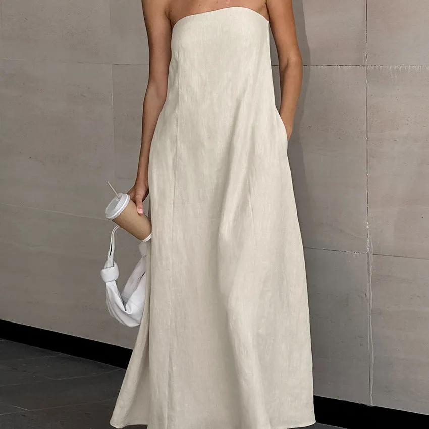 Backless Vacation Tube Top Linen Midi Maxi Dresses