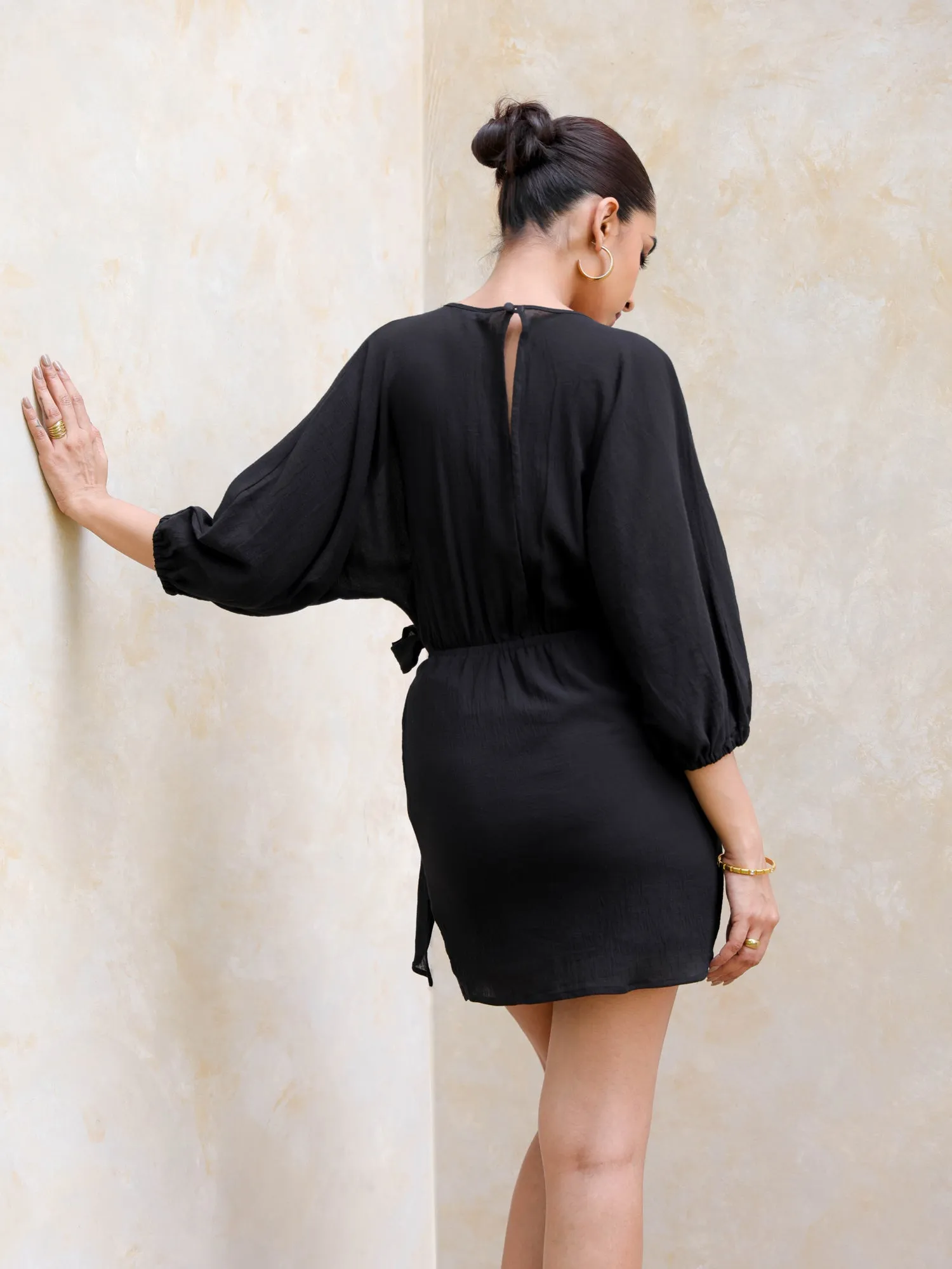 Balloon Sleeve Mock Wrap Mini Dress