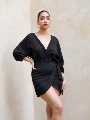 Balloon Sleeve Mock Wrap Mini Dress