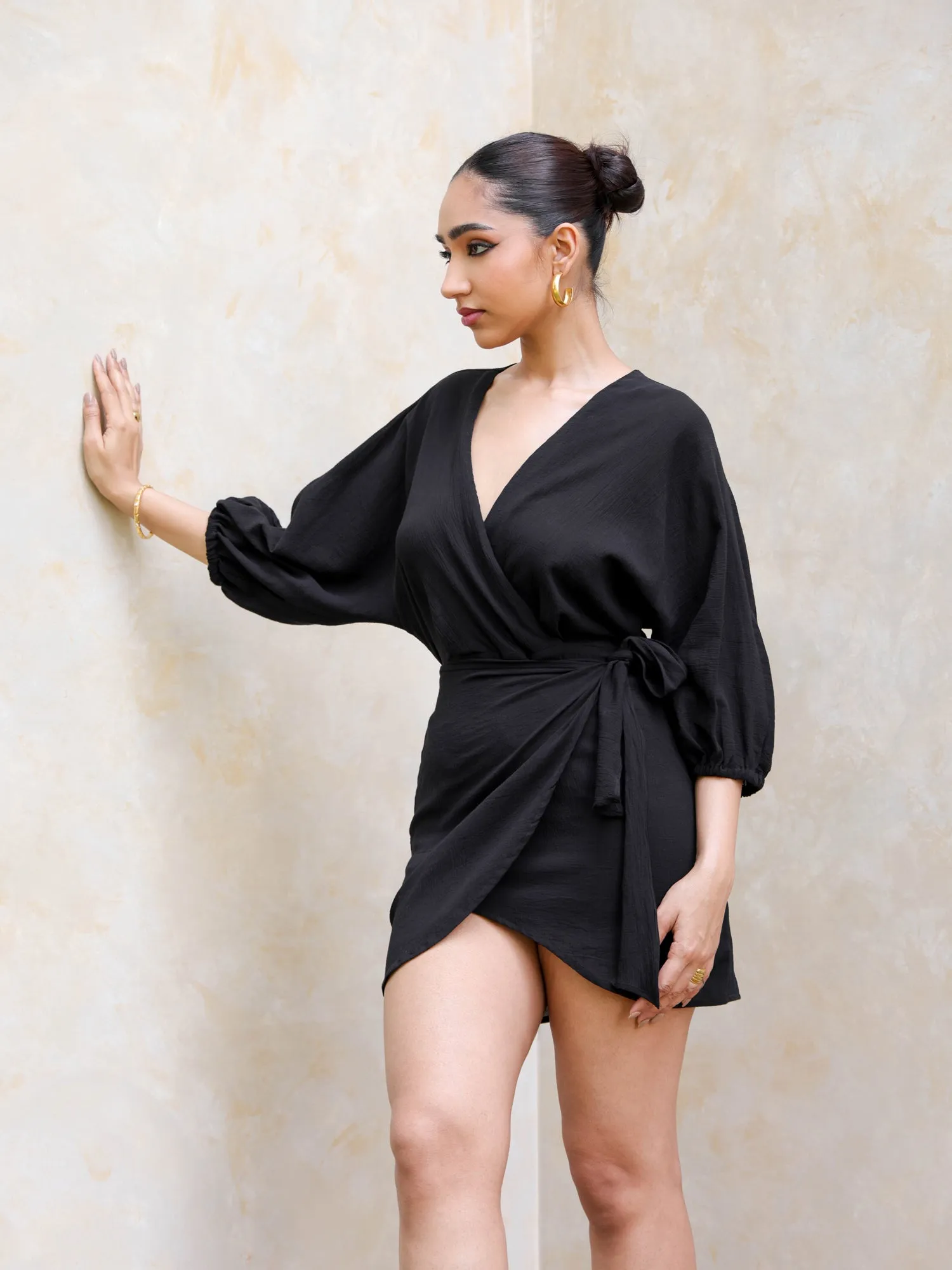 Balloon Sleeve Mock Wrap Mini Dress