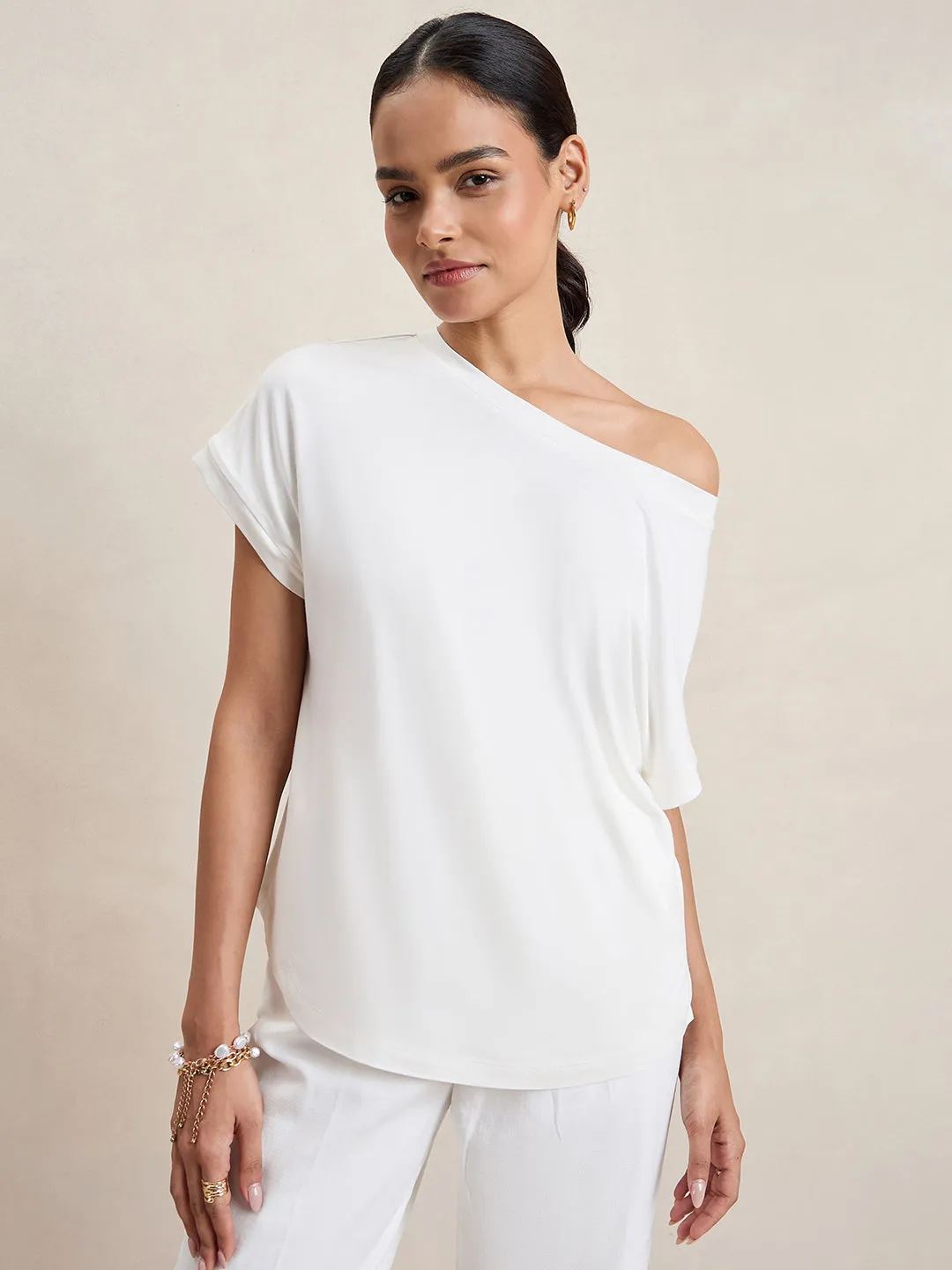Bamboo White Knit Off Shoulder Top
