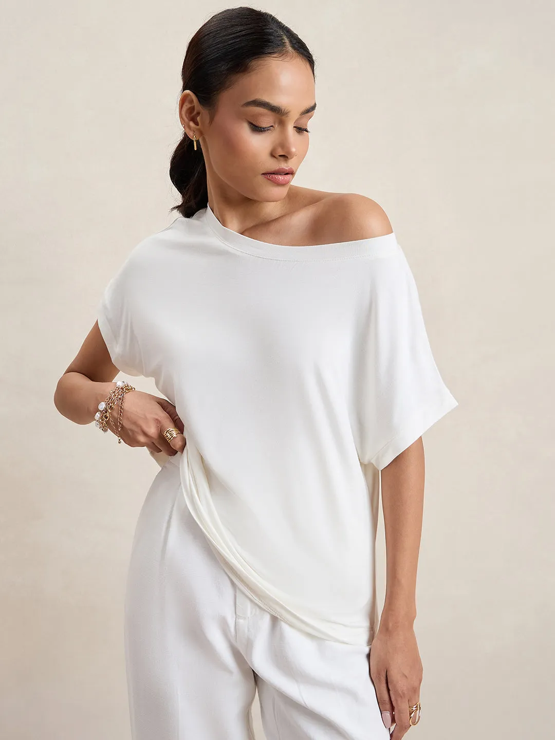 Bamboo White Knit Off Shoulder Top