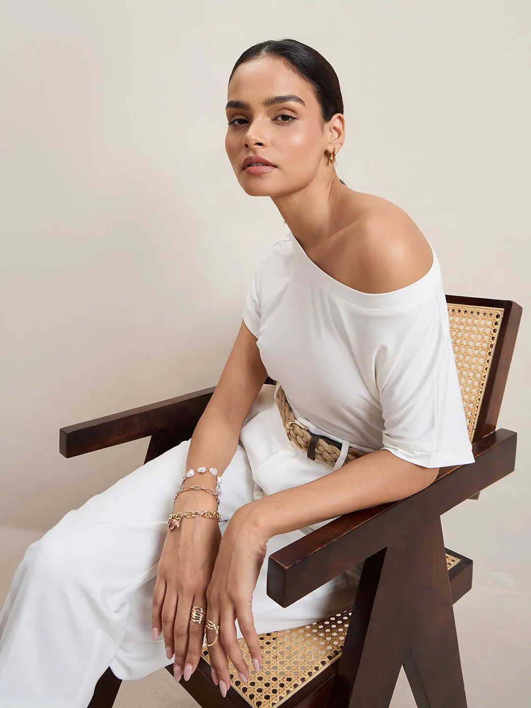 Bamboo White Knit Off Shoulder Top