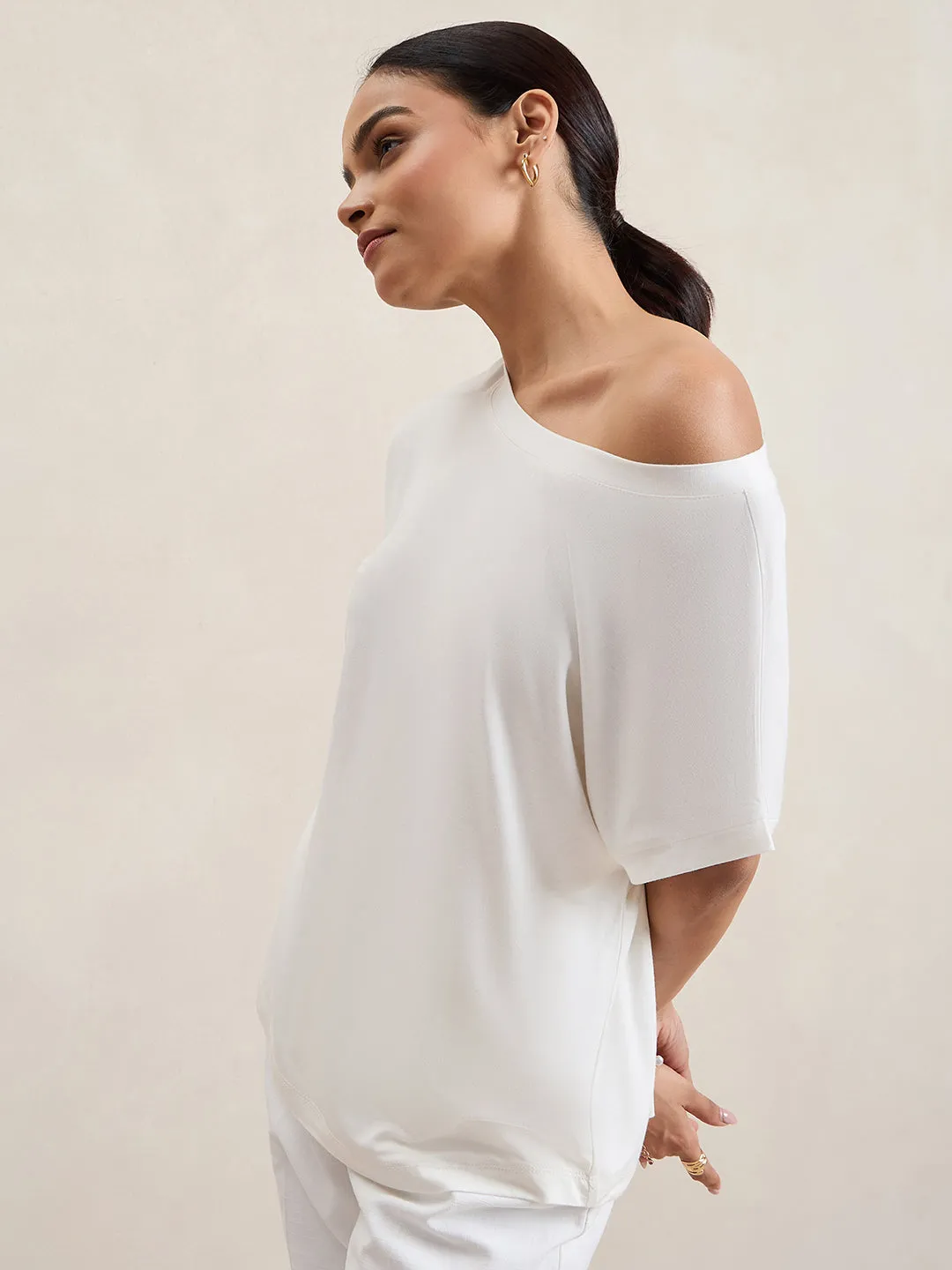 Bamboo White Knit Off Shoulder Top