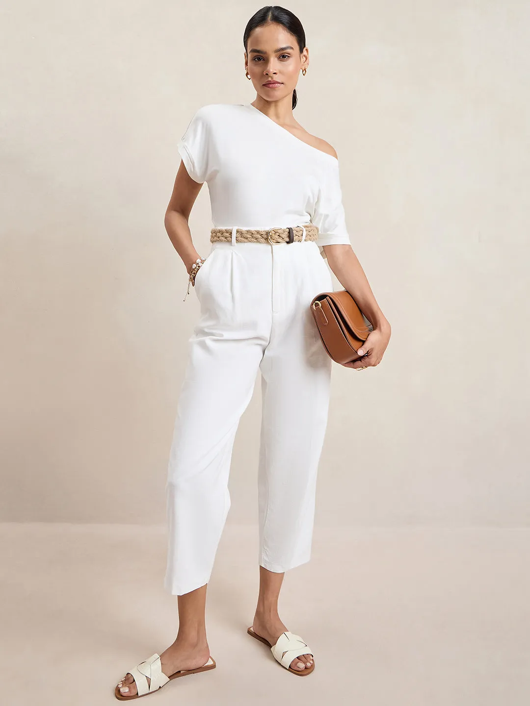 Bamboo White Knit Off Shoulder Top
