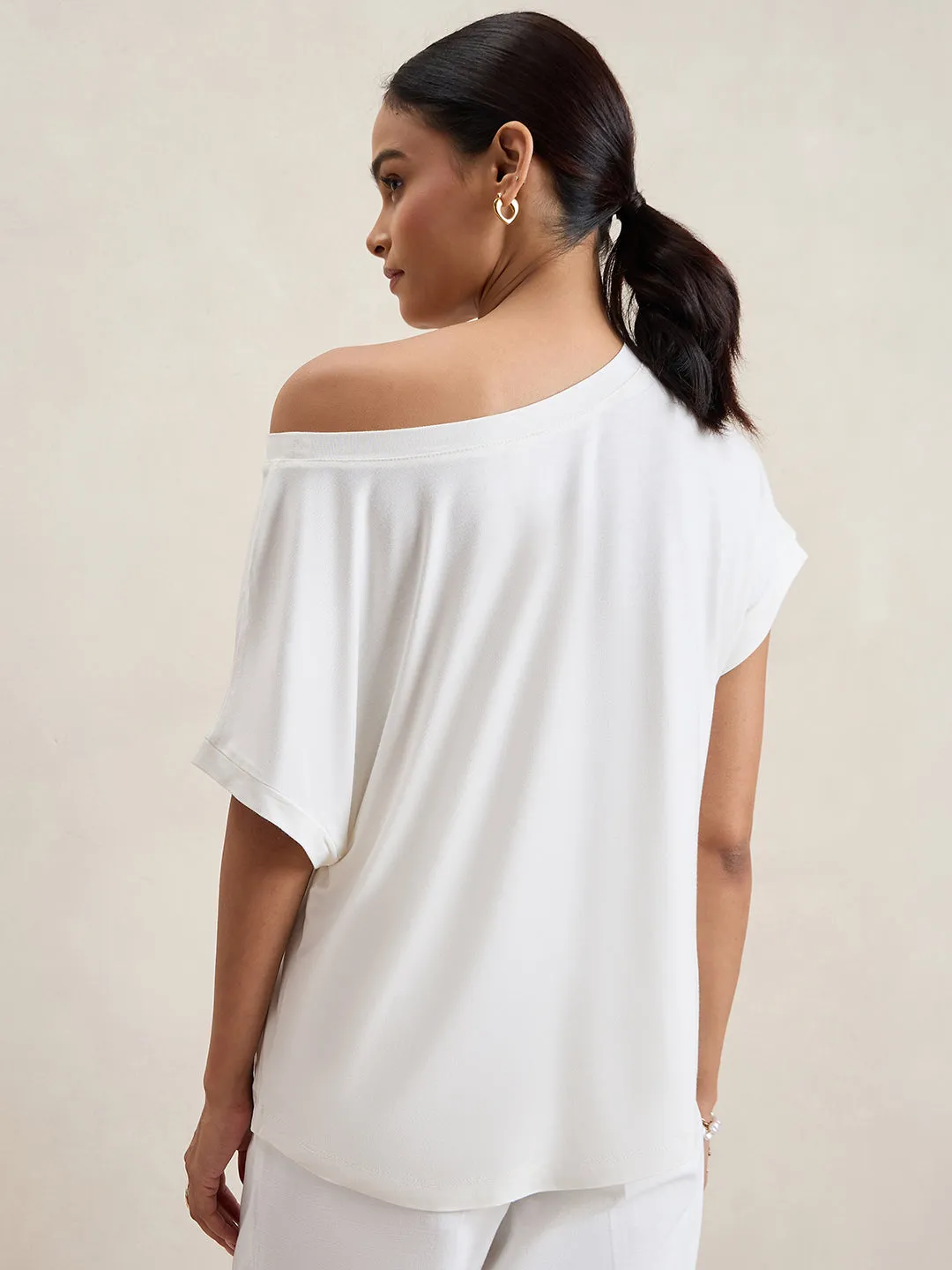 Bamboo White Knit Off Shoulder Top
