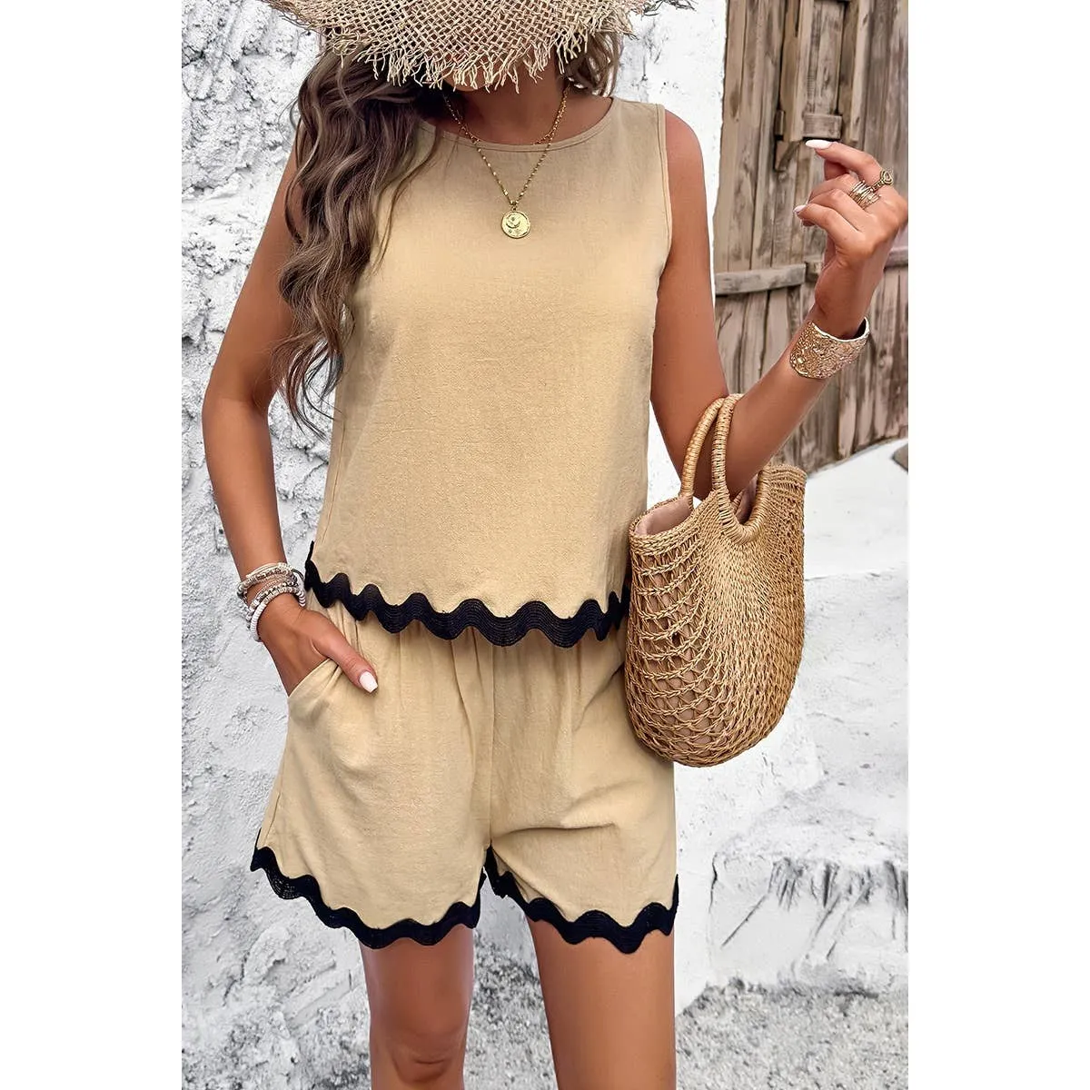 Beige Sleeveless Ruffle Hem Shirt & Shorts set