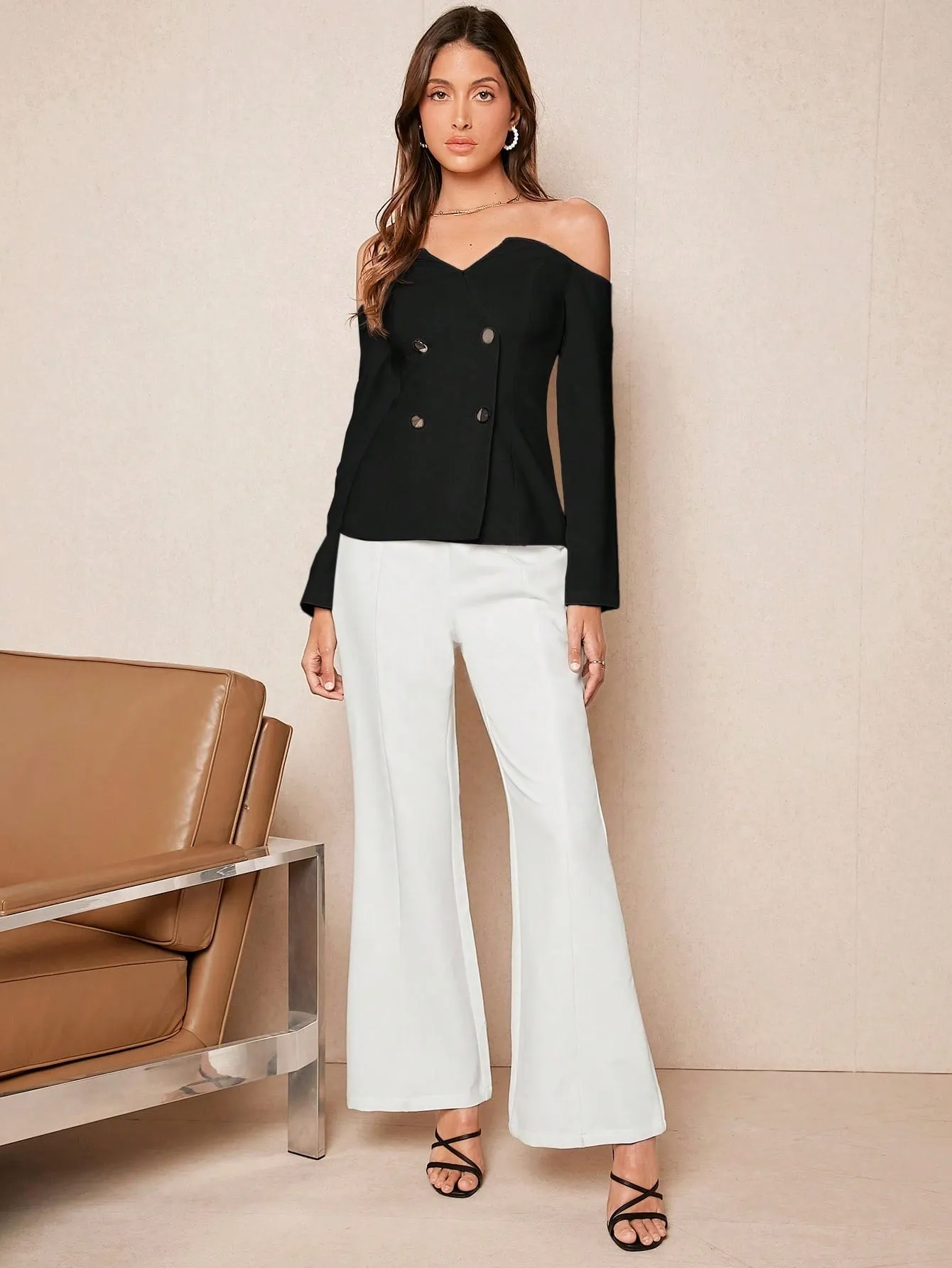 BIZwear Women's Solid Color Off Shoulder Shirt With Double-Breasted Buttons