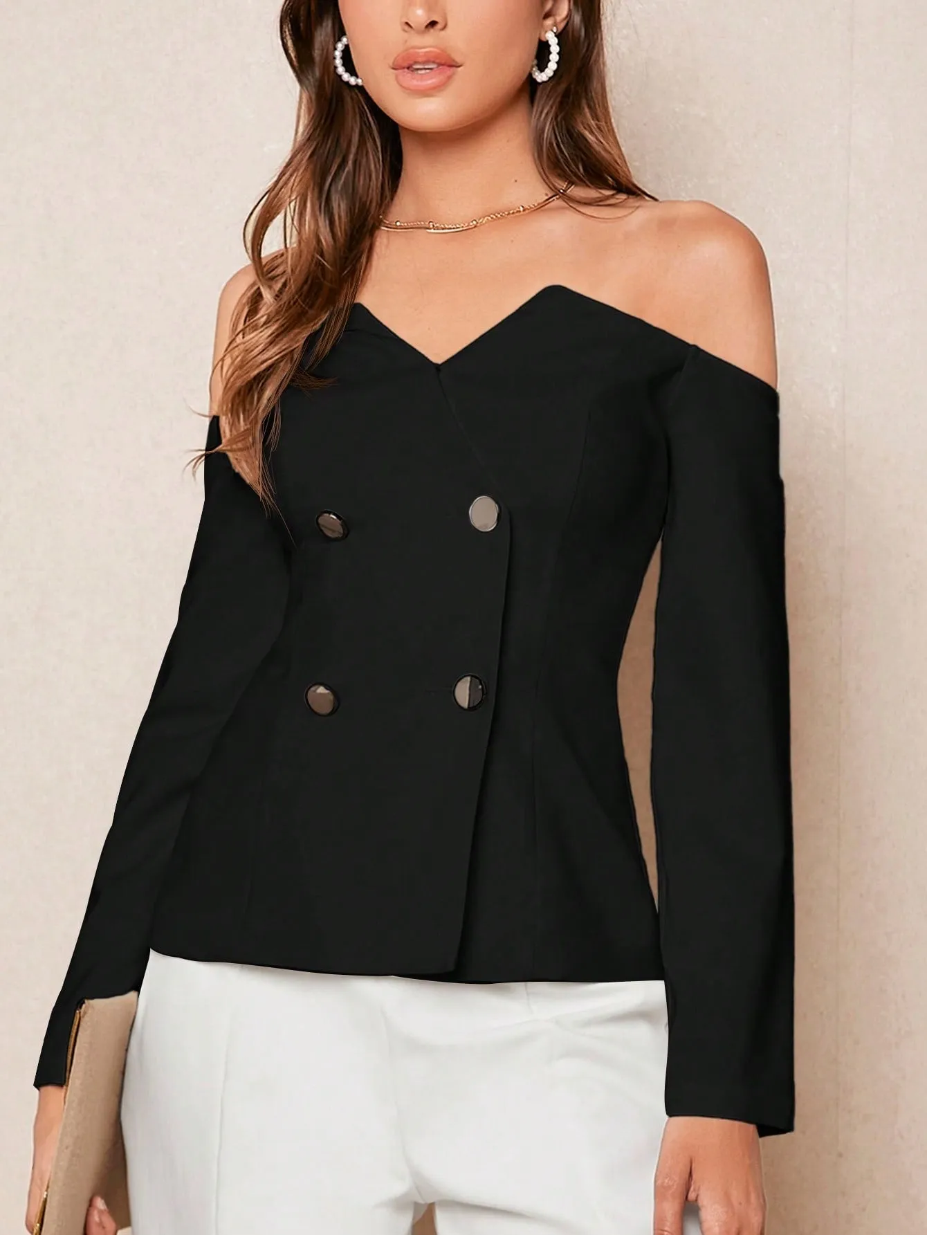 BIZwear Women's Solid Color Off Shoulder Shirt With Double-Breasted Buttons