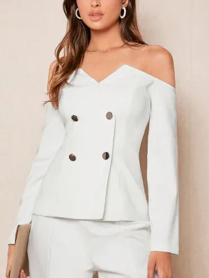 BIZwear Women's Solid Color Off Shoulder Shirt With Double-Breasted Buttons