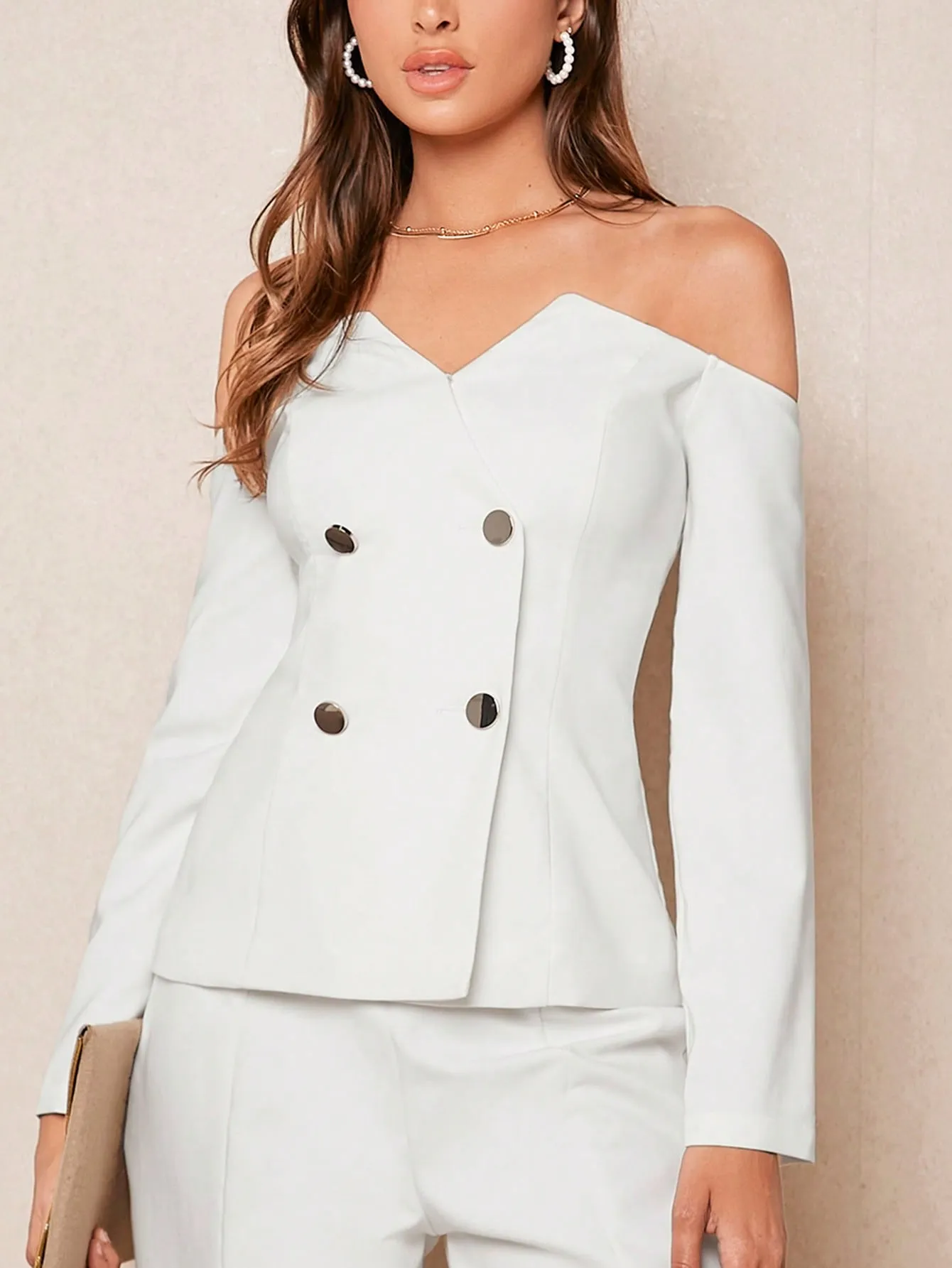 BIZwear Women's Solid Color Off Shoulder Shirt With Double-Breasted Buttons