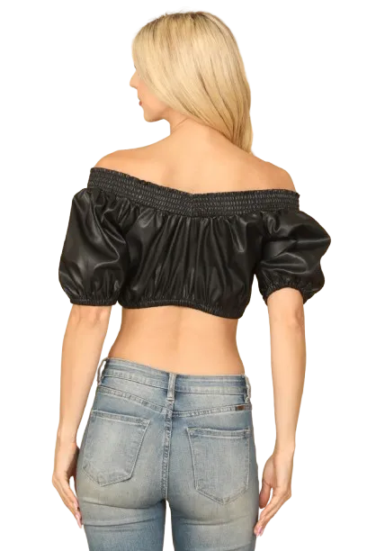 Black Leather Off Shoulder Crop Top - Pack of 5