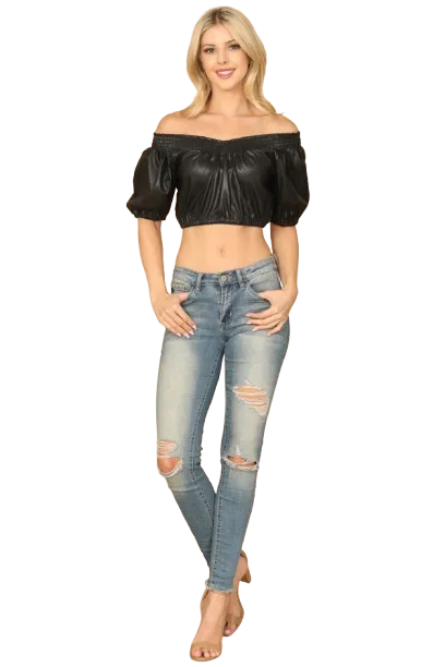 Black Leather Off Shoulder Crop Top - Pack of 5