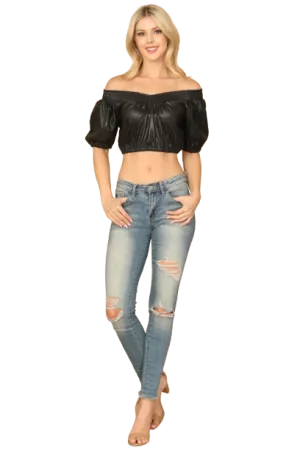 Black Leather Off Shoulder Crop Top - Pack of 5