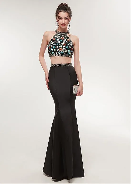 Black Satin Halter Neckline Two-piece Mermaid Prom Dress