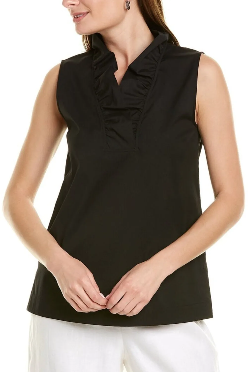 Black Sleeveless Top With Frill At Neckline