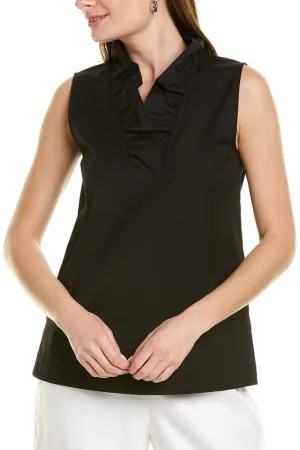 Black Sleeveless Top With Frill At Neckline