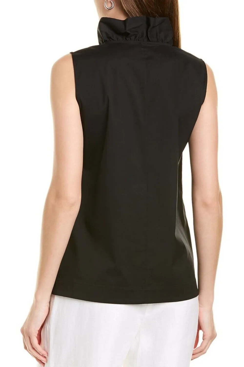Black Sleeveless Top With Frill At Neckline