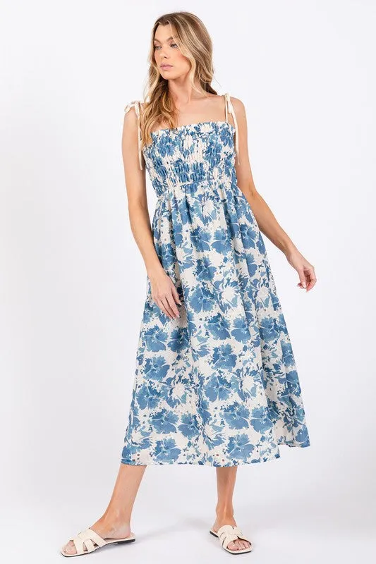 Blue and Cream Eyelet Midi Dress