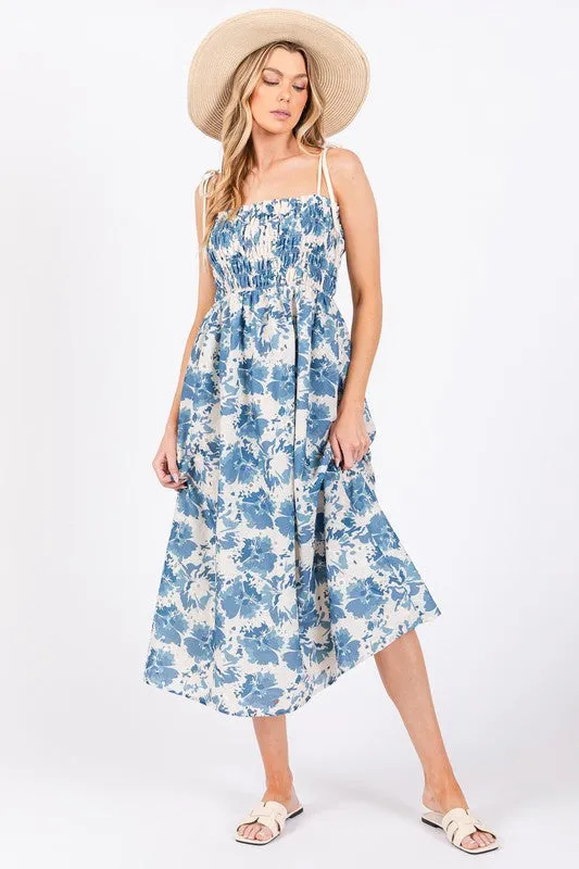 Blue and Cream Eyelet Midi Dress