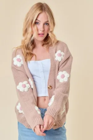 Blush Drop Shoulder Puff Flower Cardigan
