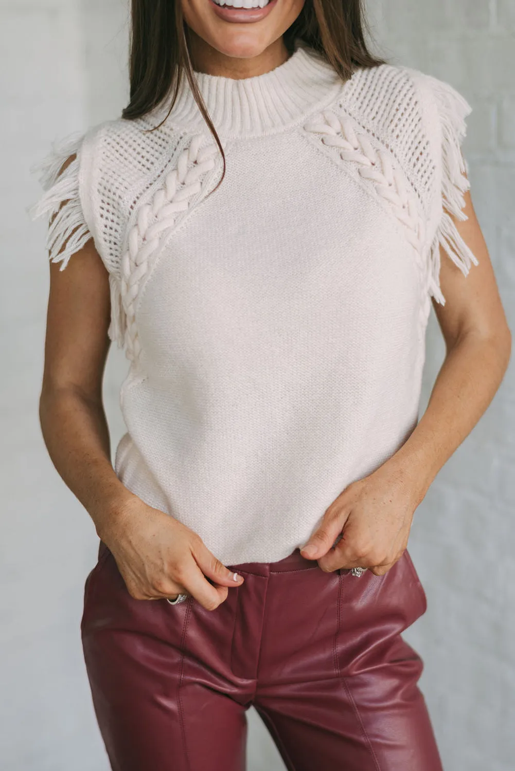 Bright White Woven Tasseled Sleeveless Mock Neck Knit Sweater