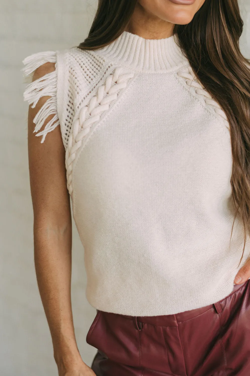 Bright White Woven Tasseled Sleeveless Mock Neck Knit Sweater