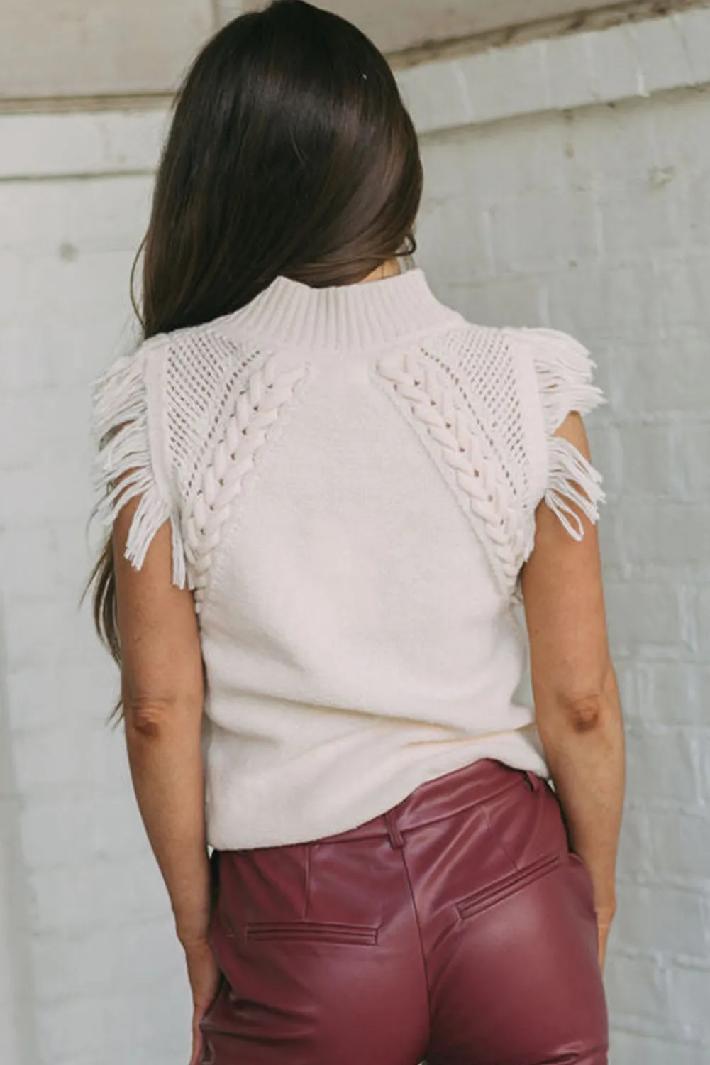 Bright White Woven Tasseled Sleeveless Mock Neck Knit Sweater
