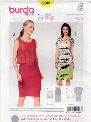 Burda Style 6508 Womens Summer Knit Dress with Bodice Overlay Out Of Print Sewing Pattern Sizes 8 - 20 UNCUT Factory Folded